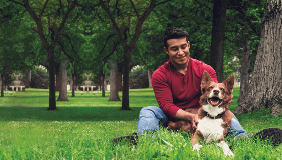 Man sat on the grass with trees with his dog lying in front of him