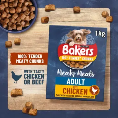 Bakers Meaty Meals 100% tender meaty chunks with tasty chicken or beef