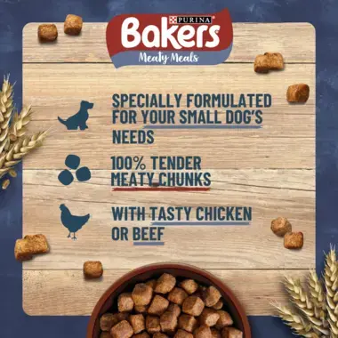 Bakers Meaty Meals Small Dog specially formulated for small dogs needs, 100% tender meaty chunks, with tasty chicken or beef