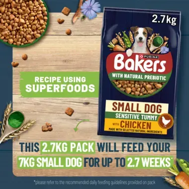 Bakers Small Dog Sensitive Tummy - this 2.7kg pack will feed your 7kg small dog for up to 2.7 weeks